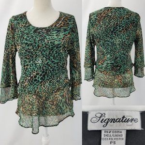 JMD Signature Womens Petite Small Cheetah Lined Chiffon Shirt Flutter Sleeves